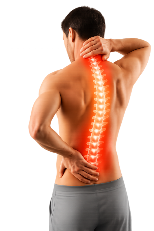 Illustration of a man holding his lower back and neck with the spine highlighted, showing common areas of chiropractic pain